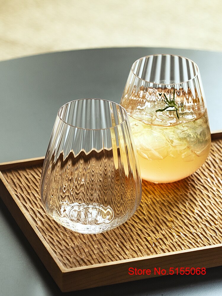 Nordic Style Prism Stemless Wine Glass Light Luxury Stripe Cold Drink Cup Big Belly Cocktail Mixing Wine Glass Fruit Tea Tumbler