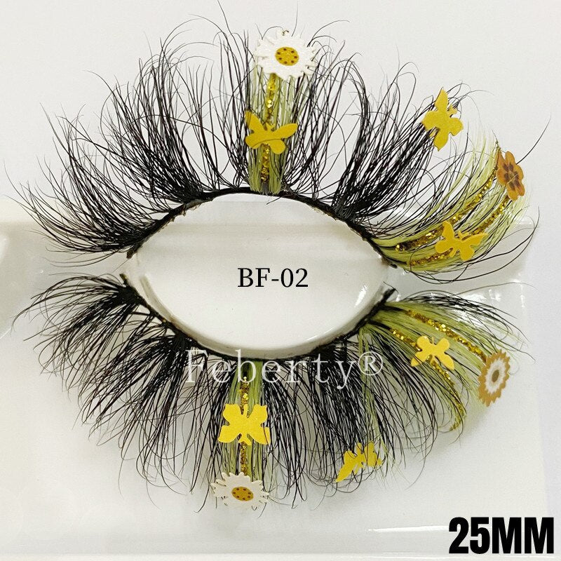 25mm 100% Mink Lashes With Butterflies or flowers glitter colored lashes Full Strip False Eyelash Butterfly Lash