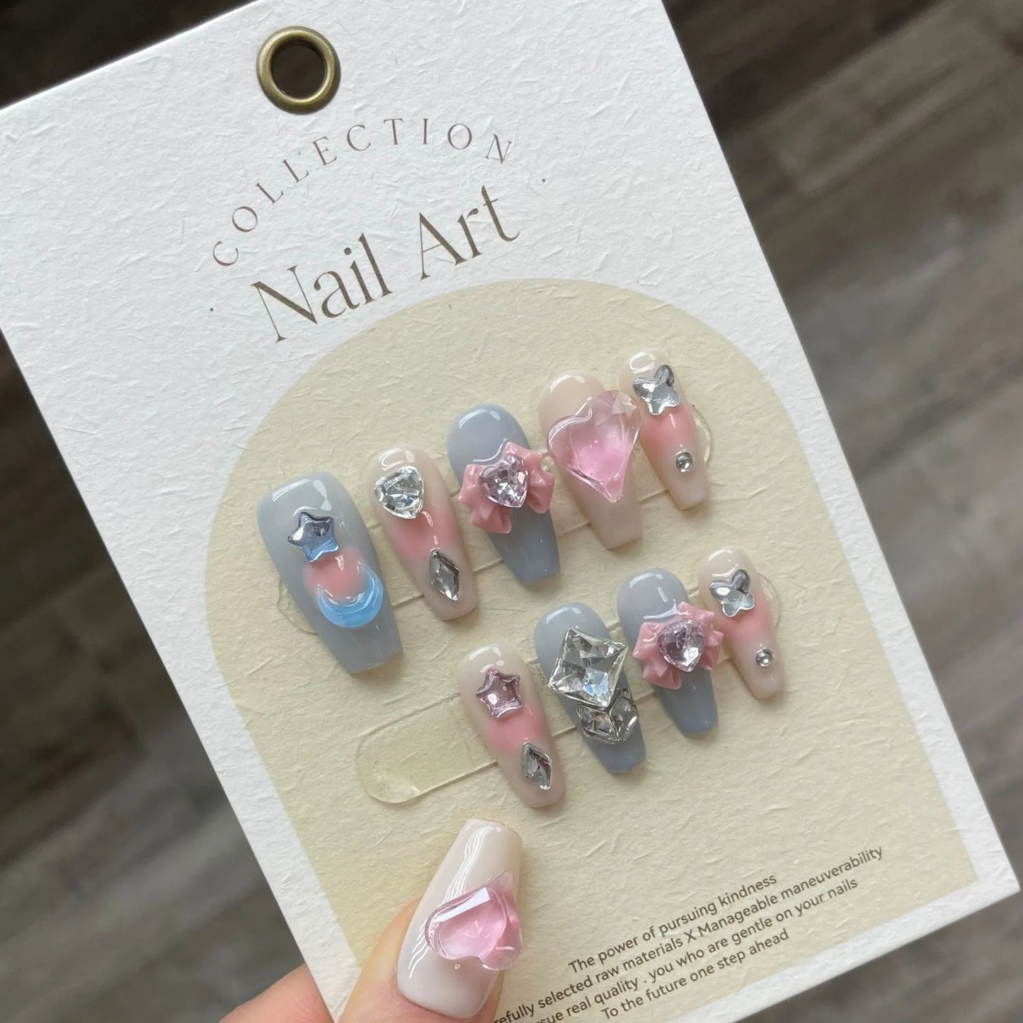 10Pcs Pink French Y2k Nail Tips Long Ballet Handmade Fake Nail Wearable False Nails with Rhinestone Press on Nails Manicure
