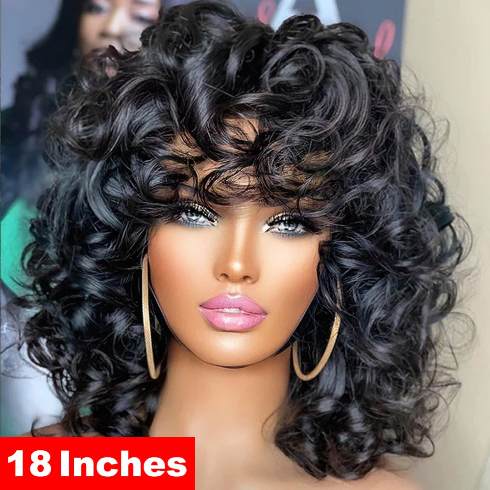 Afro Rose Curly Funmi Wigs with Bang Short Bouncy Curly Bob Wig With Bang Rose Curly Machine Made Human Hair Wig For Black Women