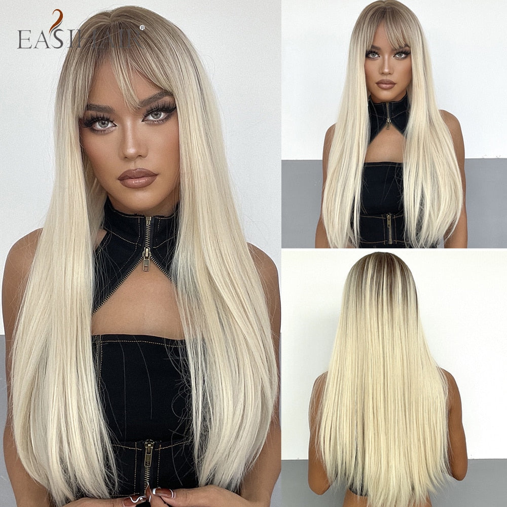 Long Straight Bangs Wigs Natural Ombre Dark Brown Synthetic Hair Wig for Women Daily Cosplay Party Heat Resistant Fiber