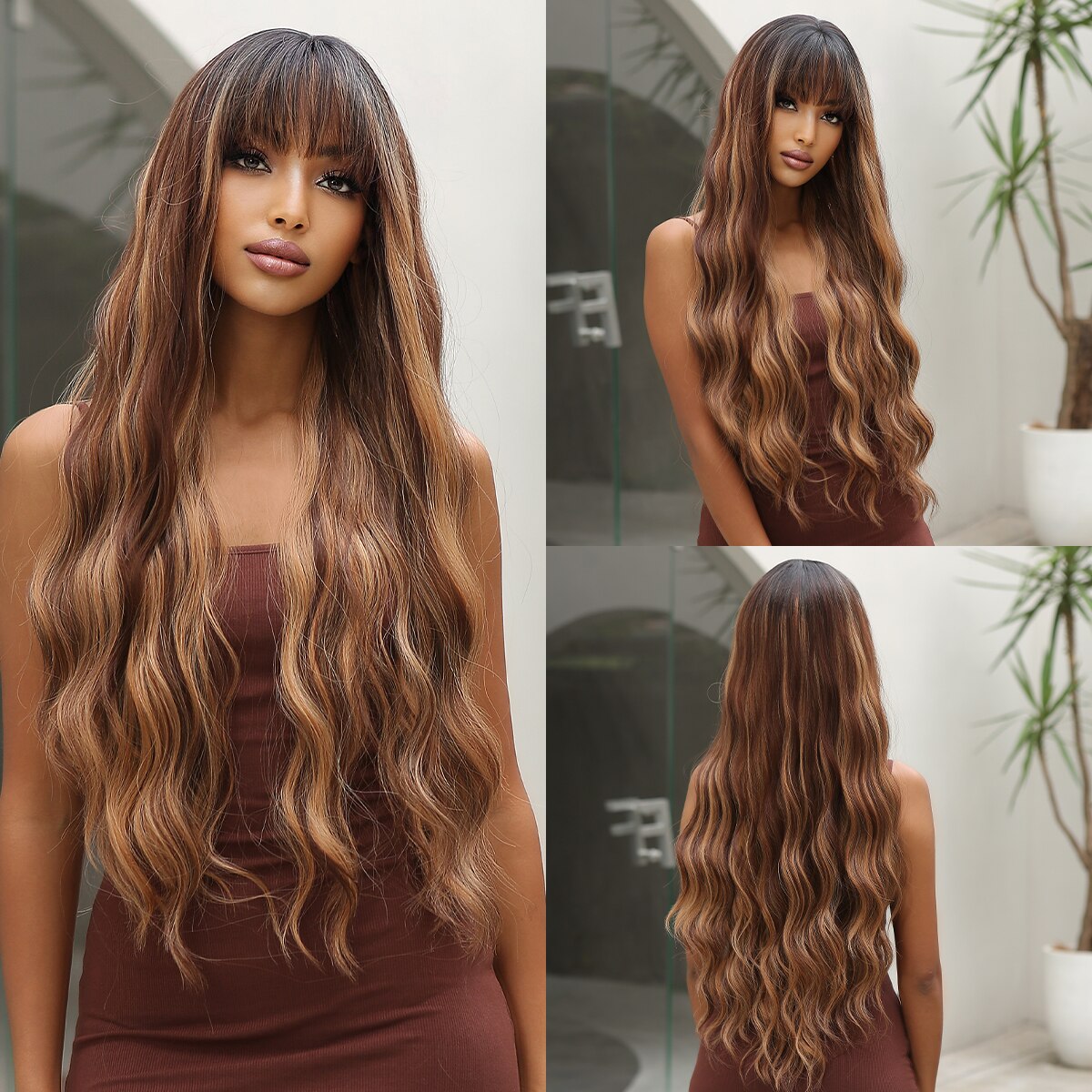 Dark Brown Synthetic Wigs with Bangs Long Wavy Golden Highlights Women's Wig Daily Cosplay Party Natural Hair Heat Resistant