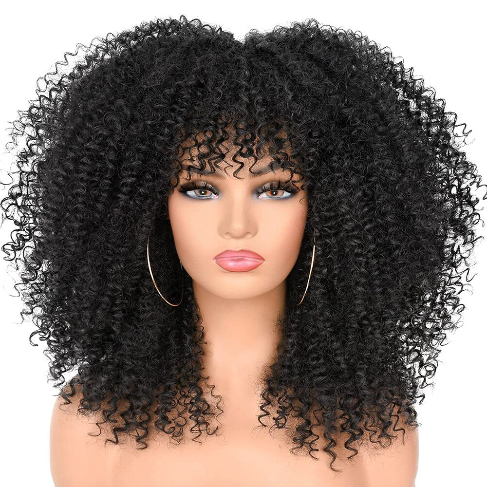 Short Hair Afro Kinky Curly Wigs With Bangs for Black Women Synthetic Ombre Glueless Cosplay Natural Brown Black Pink