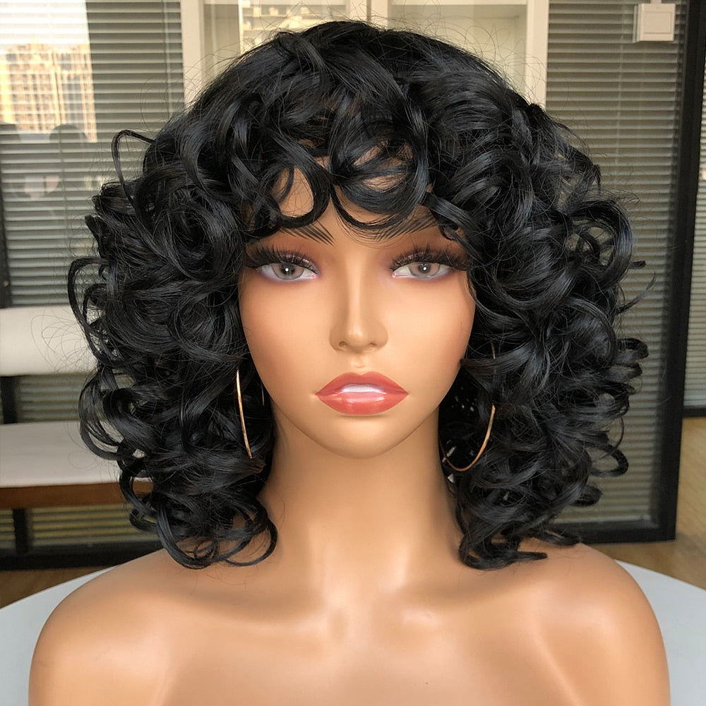 Short Hair Afro Curly Wig With Bangs For Black Women Cosplay Fluffy Glueless Mixed Brown Blonde Wigs Natural High Temperat Red