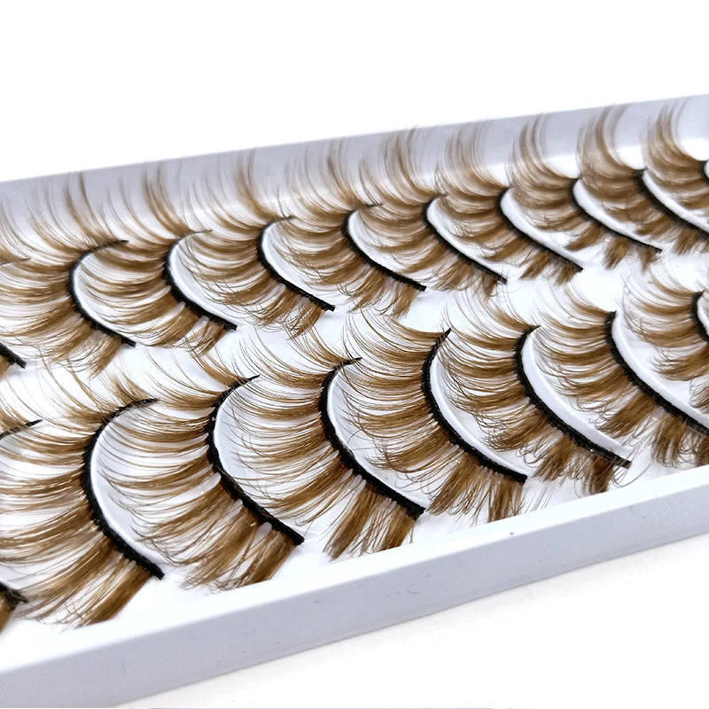 10 Pairs Natural Brown Eyelashes 3D Korea Silk Fiber Colored Blond Lashes Fluffy Cilia