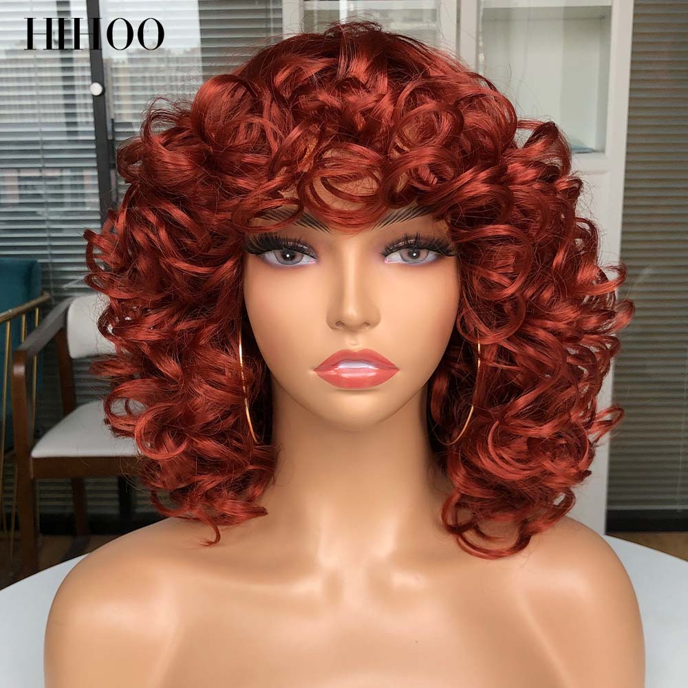 Short Hair Afro Curly Wig With Bangs For Black Women Cosplay Fluffy Glueless Mixed Brown Blonde Wigs Natural High Temperat Red
