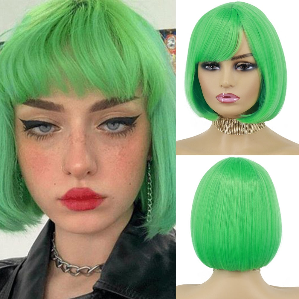 Synthetic Wigs Short Bob With Bangs For Women Ombre Black Red Blonde Pink Lolita Cosplay Party Natural Hair Roll inward