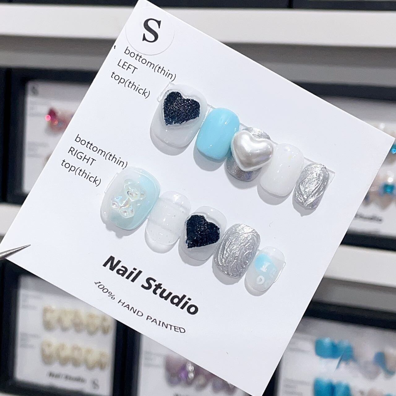 Summer Blue Pink Color Short Fake Nails Ice Transparent Love Heart Comfortable False nail Versatile Exquisite Handmade Nail