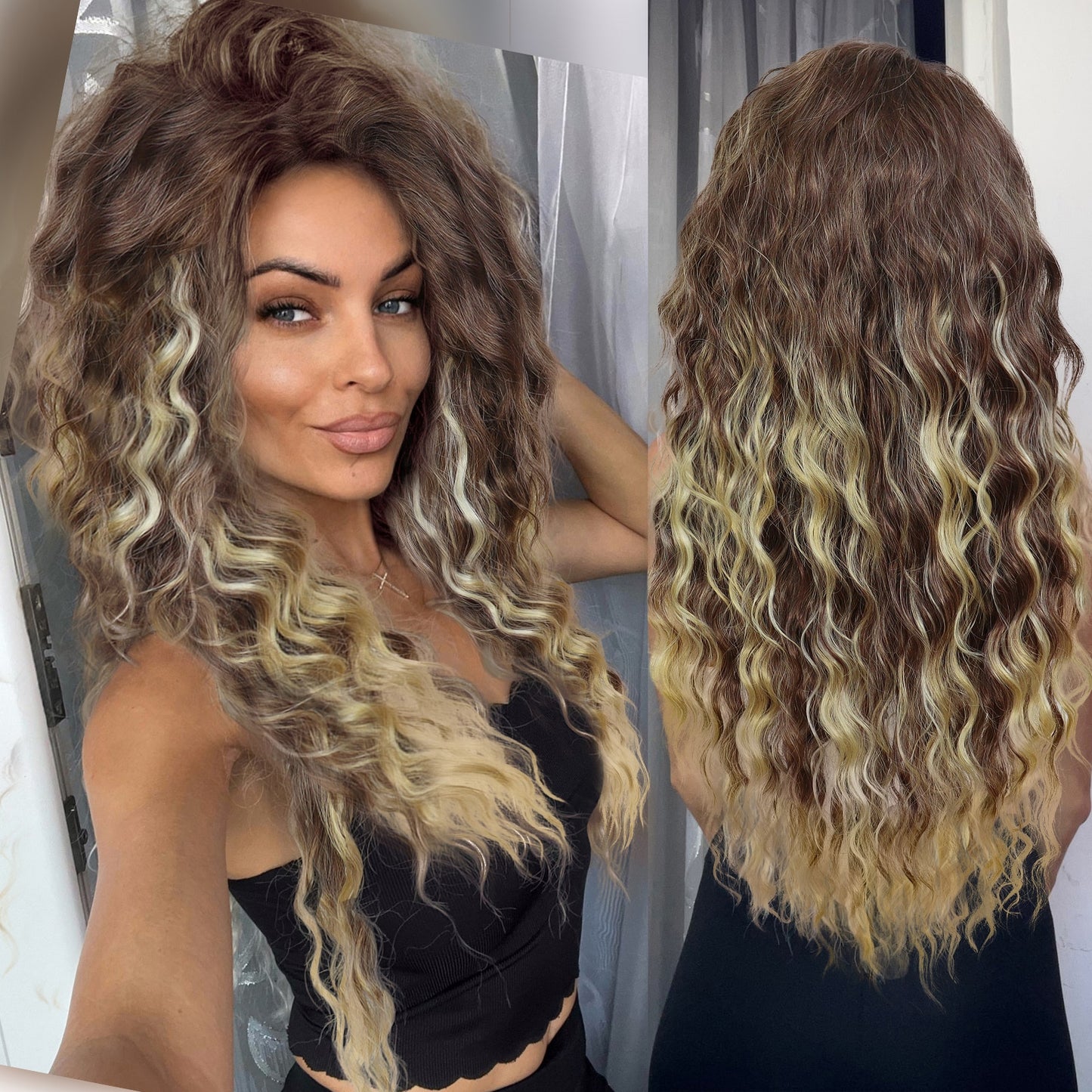 Ash Blonde Wig Synthetic Long Curly Hair Wigs for Women Fluffy Ombre Hairstyle Wave Wig Costume Carnival Party Regular Curly Wig