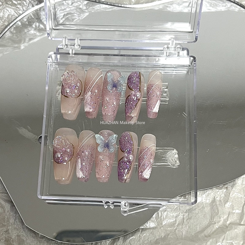 Handmade Flower Butterfly Press On Nails Y2K Short Fake Nail With Glue Reusable Ballet Long Coffin False Nails Tips Art Gift