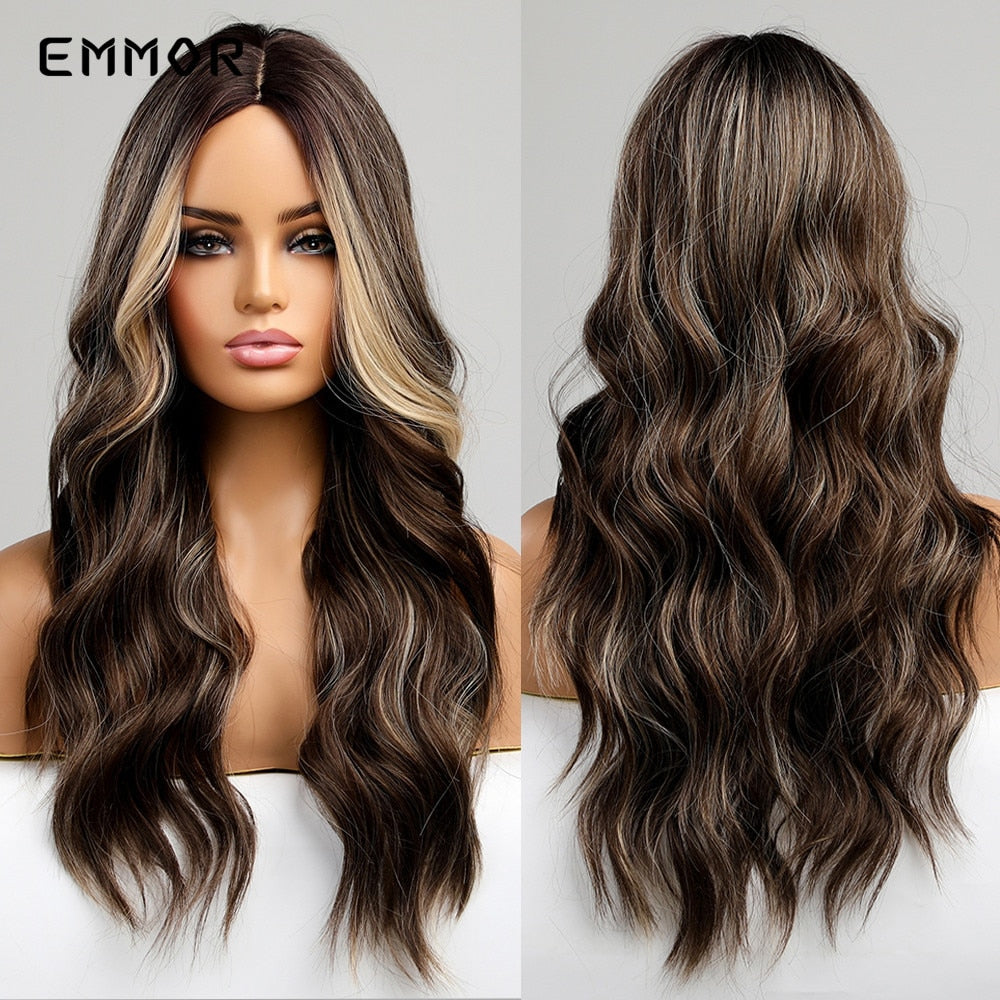 Synthetic Long Wavy Wigs with Bangs Cosplay Natural Ombre Brown to Ash Brown Hair for Women High Temperature Fiber Wig