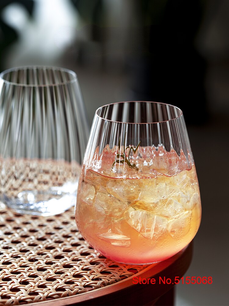 Nordic Style Prism Stemless Wine Glass Light Luxury Stripe Cold Drink Cup Big Belly Cocktail Mixing Wine Glass Fruit Tea Tumbler