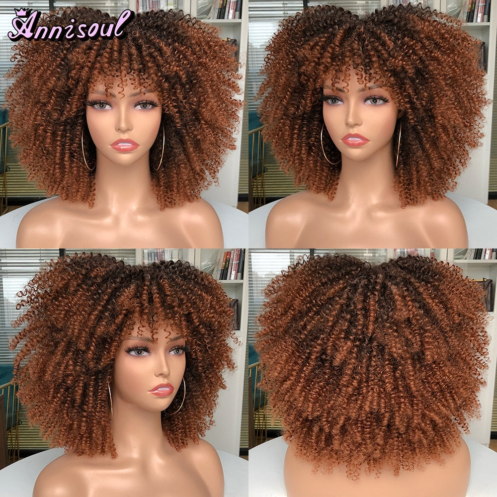 Short Afro Kinky Curly Wig With Bangs For Black Women Synthetic Natural Blonde Cosplay Wigs Glueless High Temperature Hair