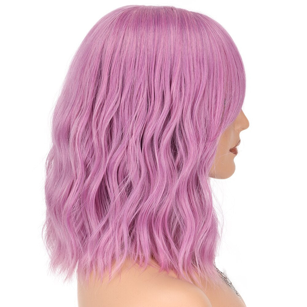 Synthetic Wavy Bob Wigs 14Inch Cosplay Medium Wig With Bangs Natural Hairline Orange Purple Pink Blue Wigs For Women