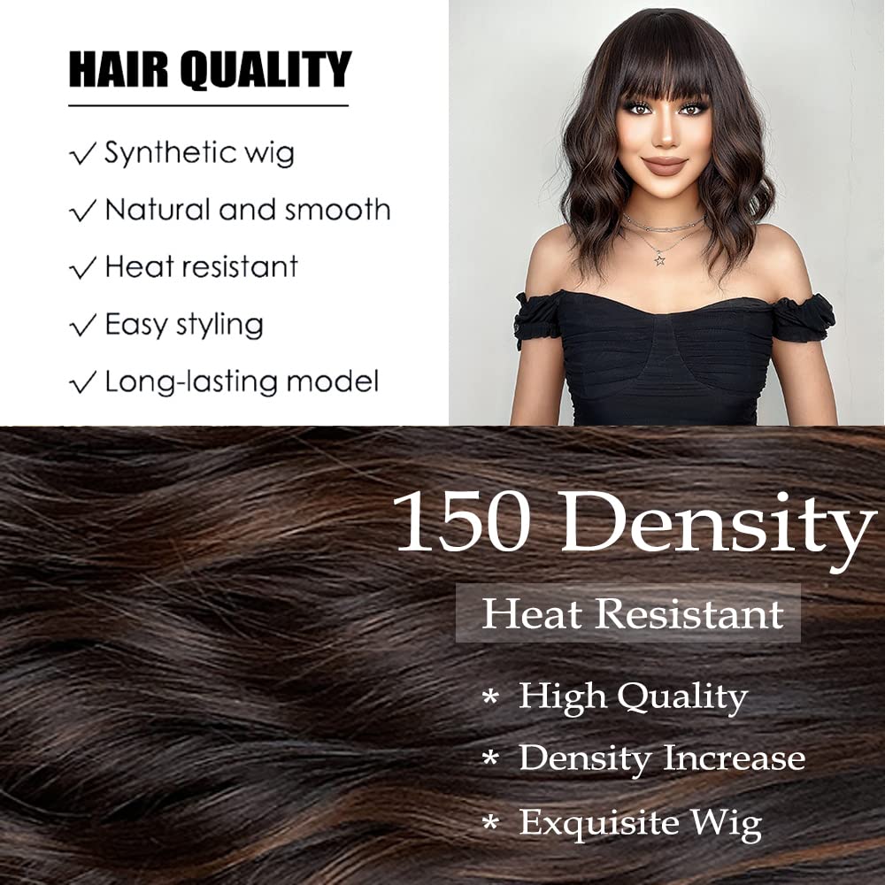 Short Wavy Dark Brown Mixed Golden Wigs with Bangs Black Blonde Bob Synthetic Hair for Women Natural Cosplay Heat Resistant Wig