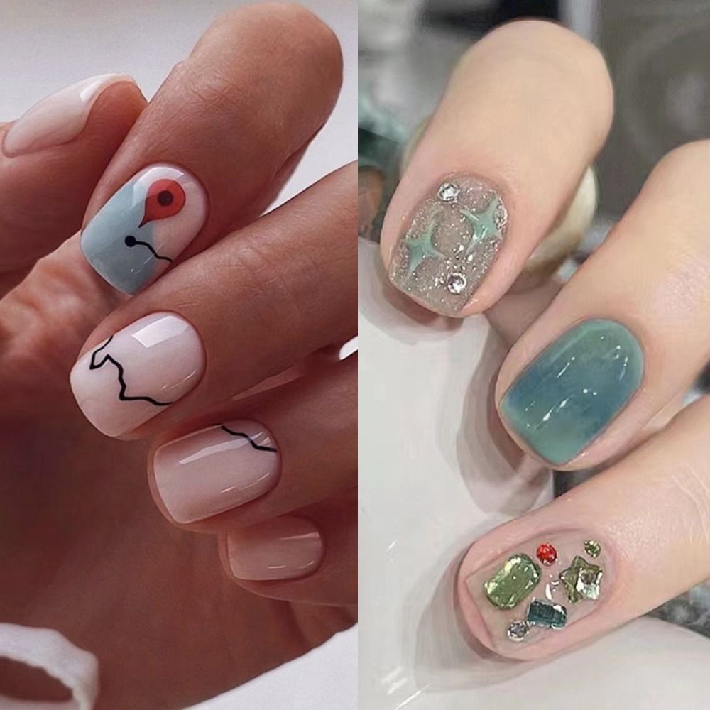 24pcs Press on Nails Glitter Rhinestone Design False Nail Patch French Square Head Simple Full Cover Artificial Fake Nails