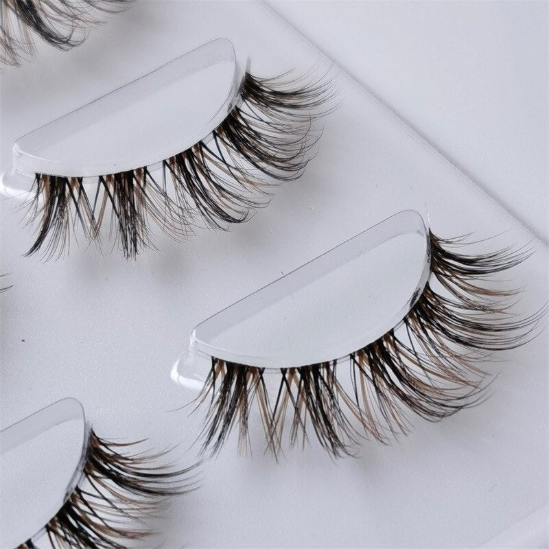 Natural Simulation black+ Brown False Eyelashes Nude Thick Lashes 3Pairs Transparent Stems Handmade Cross Eyelashes