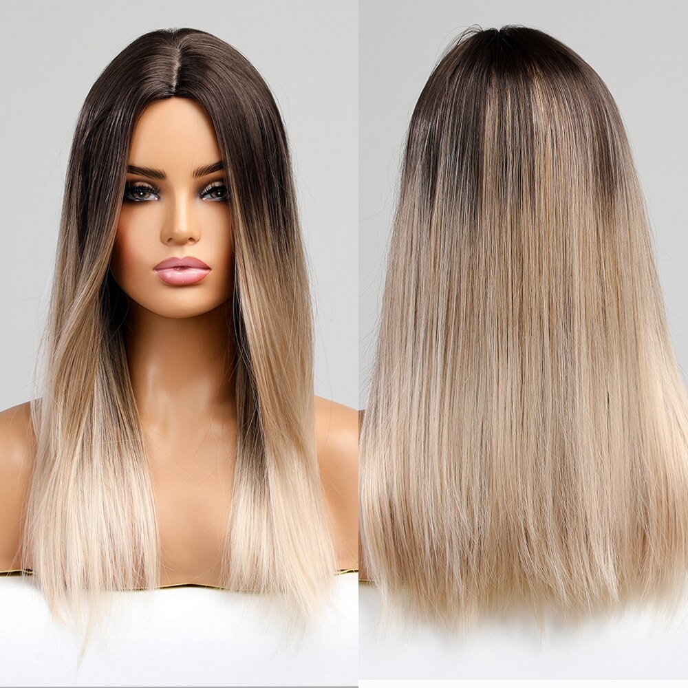 Synthetic Long Wavy Wigs with Bangs Cosplay Natural Ombre Brown to Ash Brown Hair for Women High Temperature Fiber Wig