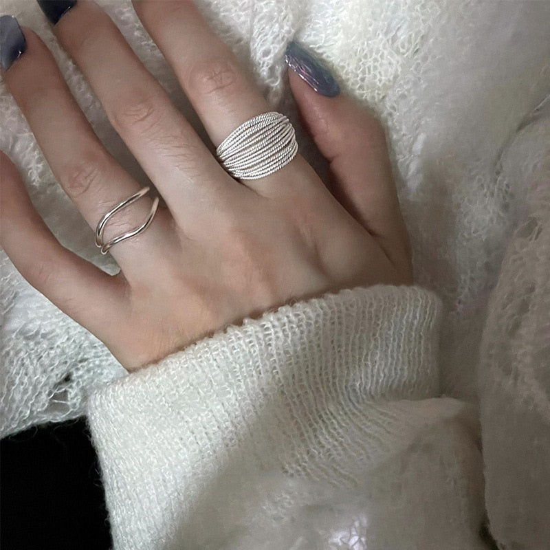 925 Sterling Silver Unique Lines Ring For Women Jewelry Finger Adjustable Open Vintage Ring For Party Birthday