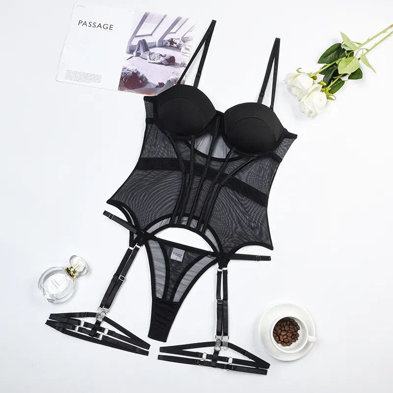 Lingerie Corset Outfits 4-Piece Seamless Sexy Underwear Uncensored Sheer Lace Sissy Erotic Set Black Intimate