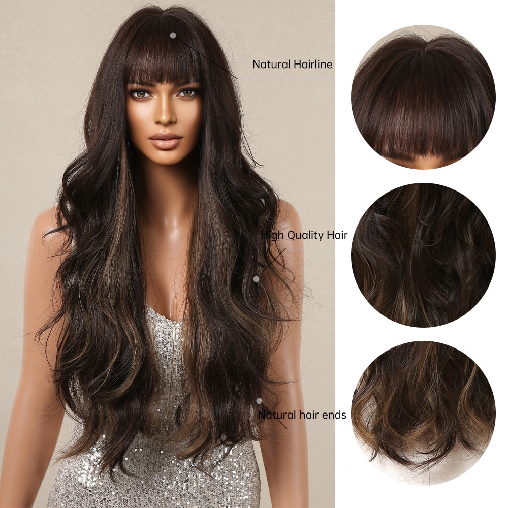 Dark Brown Synthetic Wigs with Bangs Long Wavy Golden Highlights Women's Wig Daily Cosplay Party Natural Hair Heat Resistant