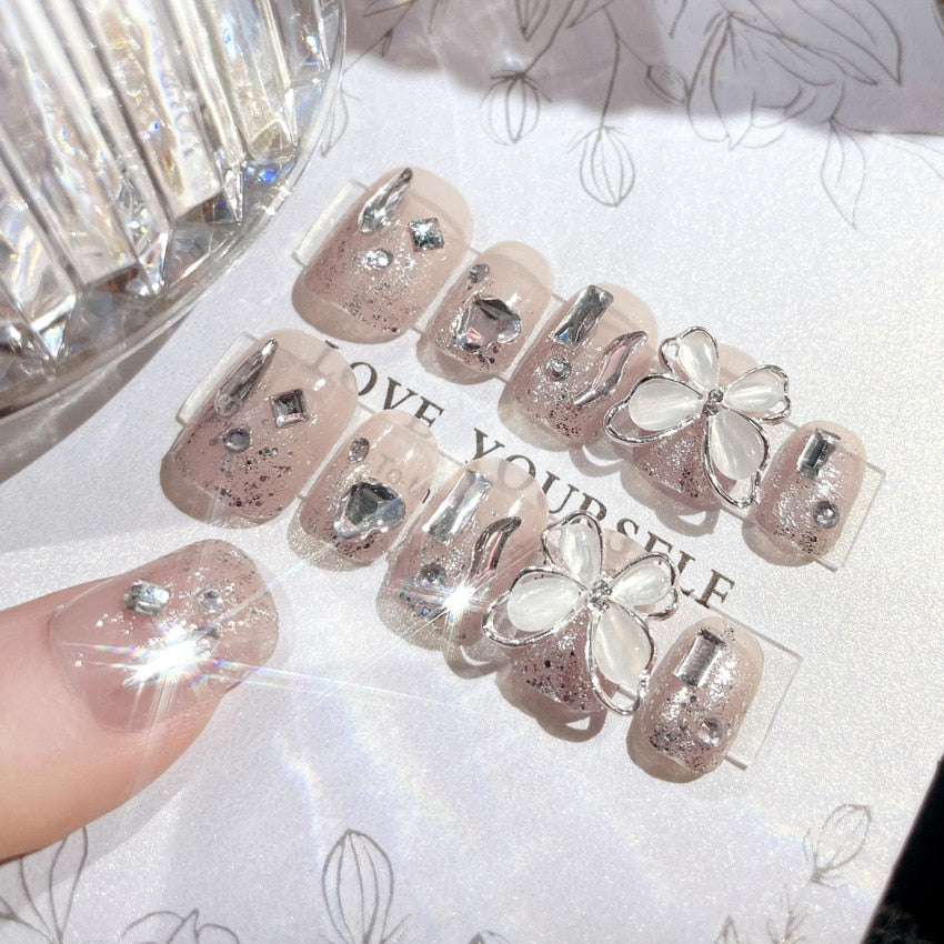 24pcs Wearable artificial nails burst broken drill glitter powder press on nails short french rhinestones fake nails with glue
