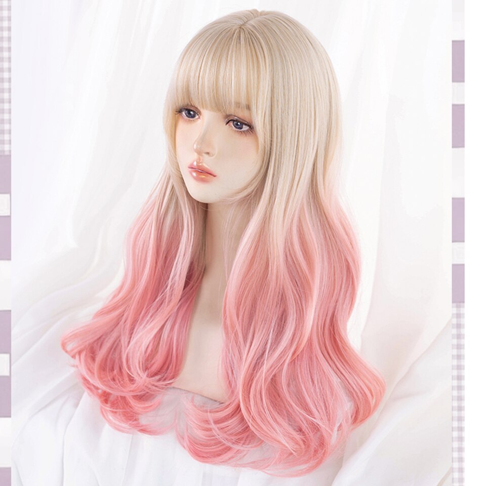 synthesis Long wavy curly girl blonde gradient pink Lolita cosplay curly bangs party wig