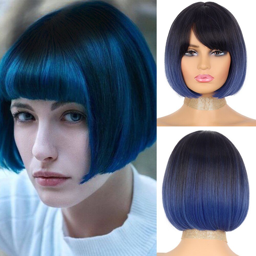 Synthetic Wigs Short Bob With Bangs For Women Ombre Black Red Blonde Pink Lolita Cosplay Party Natural Hair Roll inward