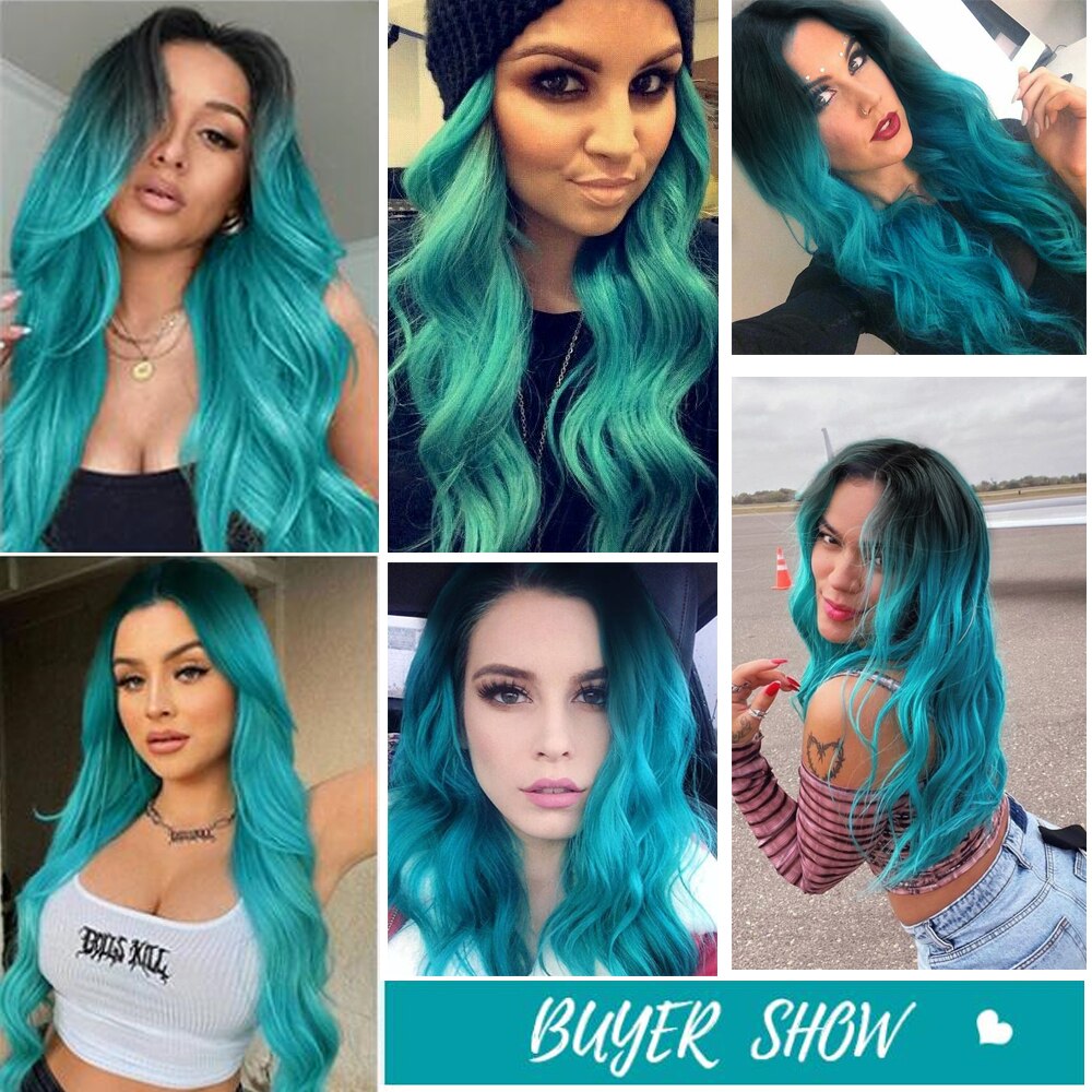 Blue Ombre Long Cosplay Synthetic Wigs with Dark Root Body Wavy Natural Hair Wigs for Woman Halloween Party Use Heat Resistant