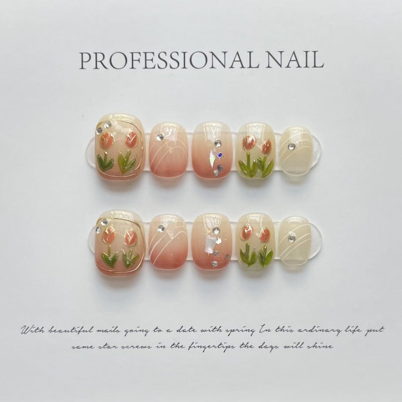 Green Cat's Eye Tulip Wearable Nail Pieces Light Therapy Handmade False Nails Wearing Finished Nails Artistic Patch Decoration