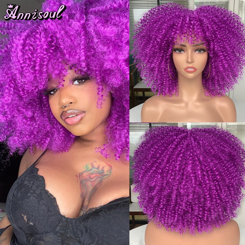 Short Afro Kinky Curly Wig With Bangs For Black Women Synthetic Natural Blonde Cosplay Wigs Glueless High Temperature Hair
