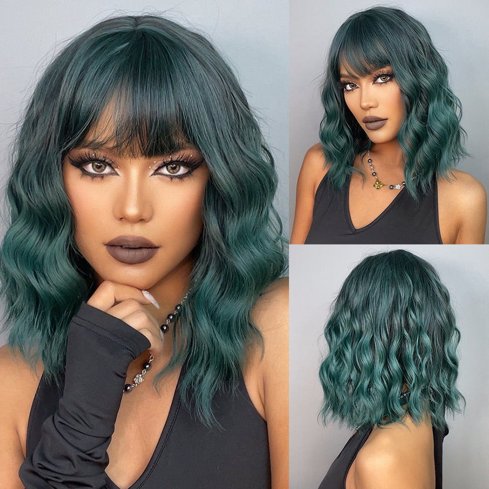 Short Wavy Dark Brown Mixed Golden Wigs with Bangs Black Blonde Bob Synthetic Hair for Women Natural Cosplay Heat Resistant Wig