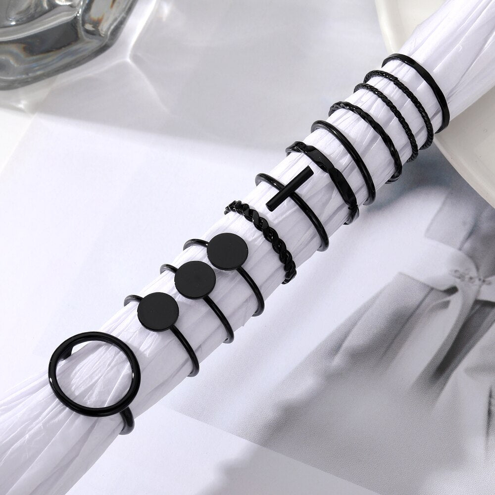 Circle Black Rings Set For Women Vintage Geometric Fried Dough Twists Cross Finger Rings Women Party Jewelry