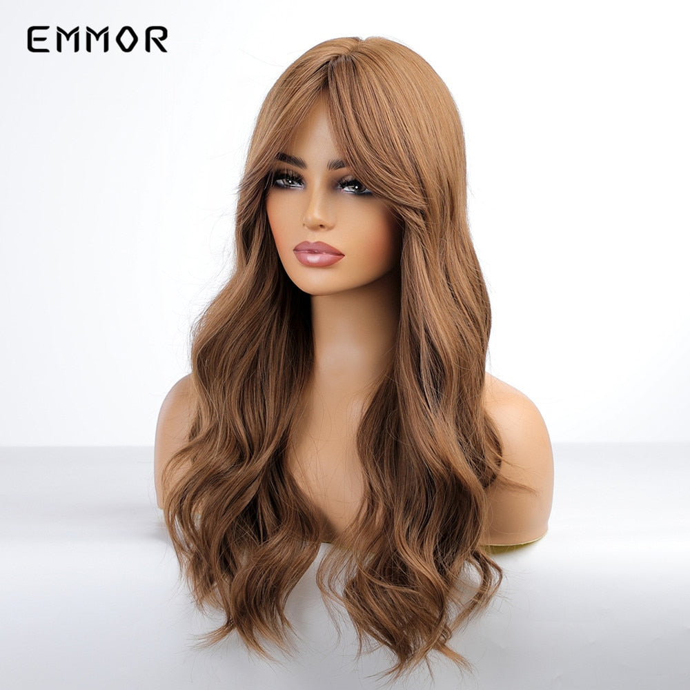 Synthetic Long Wavy Wigs with Bangs Cosplay Natural Ombre Brown to Dark Blonde Hair for Women High Temperature Fiber Wig