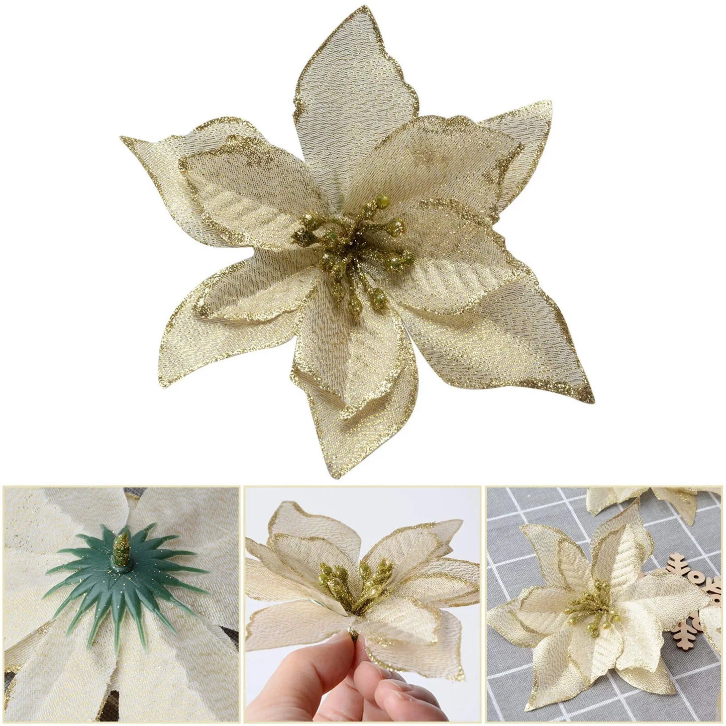 24Pcs Glitter Artificial Christmas Flowers Wedding Christmas Tree Wreaths Ornament Indoor Christmas Decorations Home