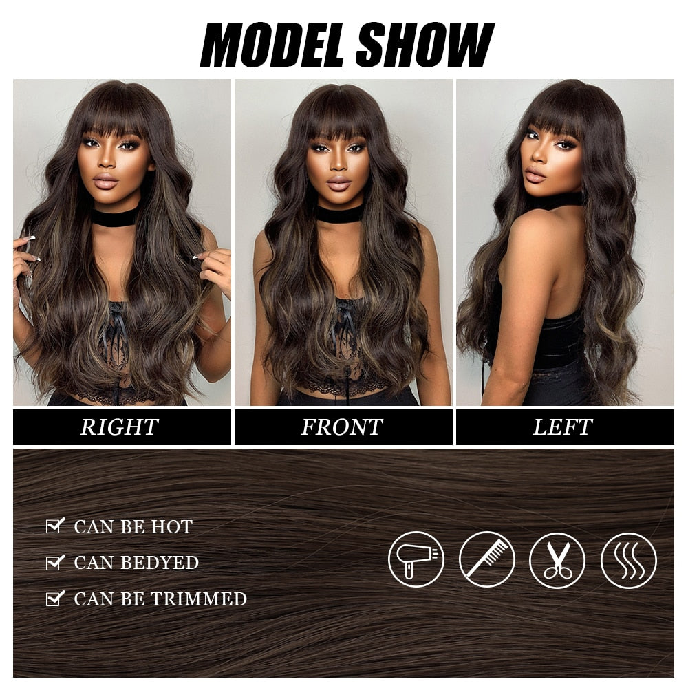 Dark Brown Synthetic Wigs with Bangs Long Wavy Golden Highlights Women's Wig Daily Cosplay Party Natural Hair Heat Resistant