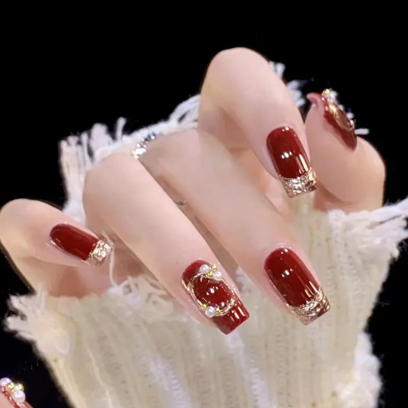 Medium Length Fake Nails 3D Flower Pearl Designs Nude Pink Color Press on Nails Ballerina False Nails for Women DIY Manicure