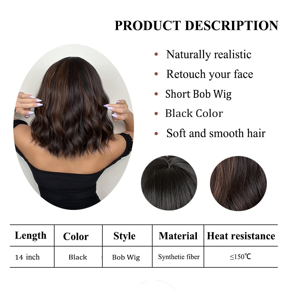 Short Wavy Dark Brown Mixed Golden Wigs with Bangs Black Blonde Bob Synthetic Hair for Women Natural Cosplay Heat Resistant Wig