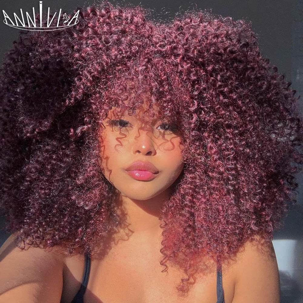 Short Hair Afro Kinky Curly Wigs With Bangs for Black Women Synthetic Ombre Glueless Cosplay Natural Brown Black Pink