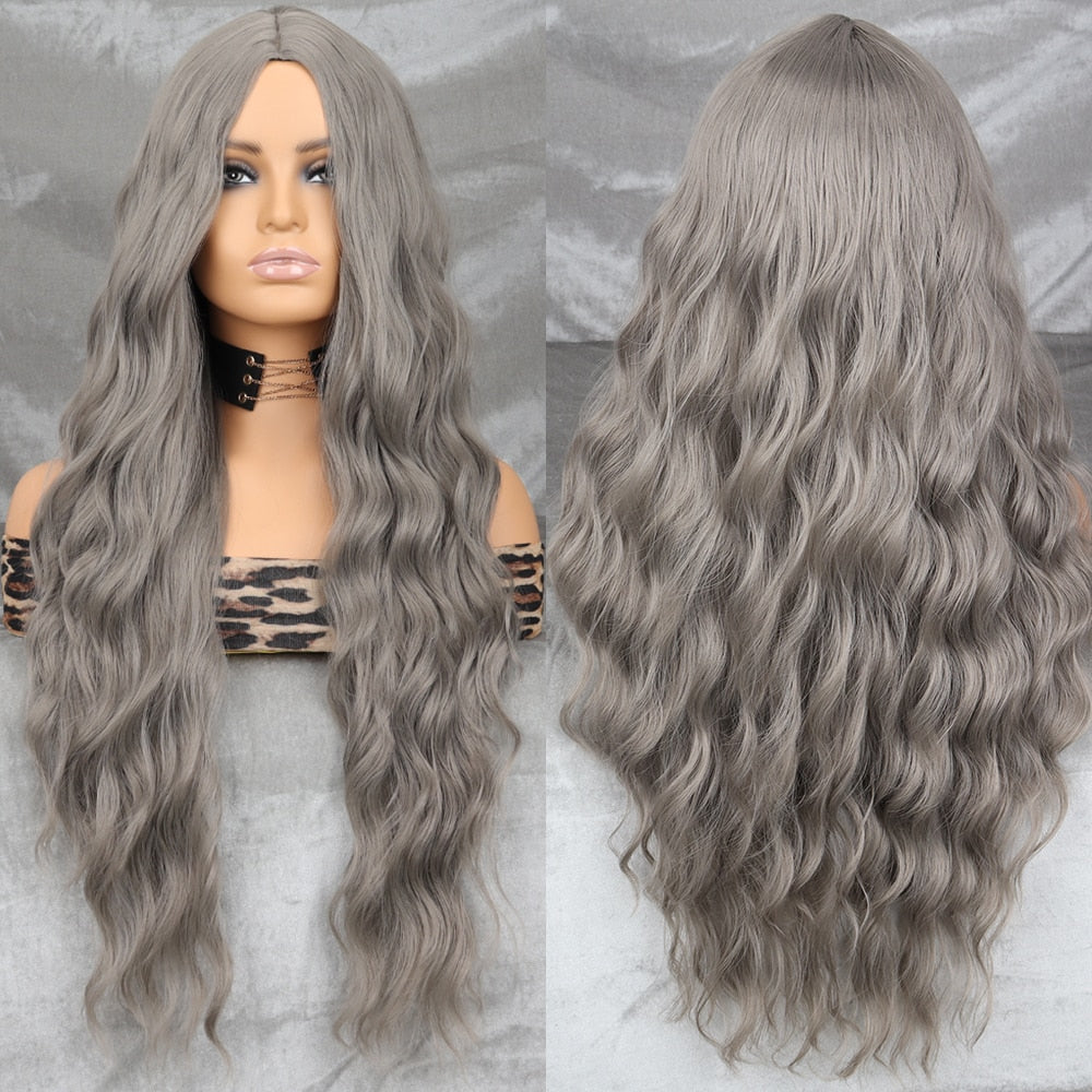 Long Wavy Green Synthetic Wig Women's Heat-Resistant Natural Half Part Cosplay Party Lolita Red Black Pink Wig