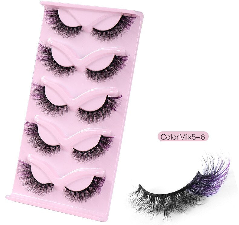 5Pairs Colored Eyelashes Fox Eye False Eyelashes 6D Cat Eye Eyelashes Naturally Thick False Eyelashes Colored Mink Lashes