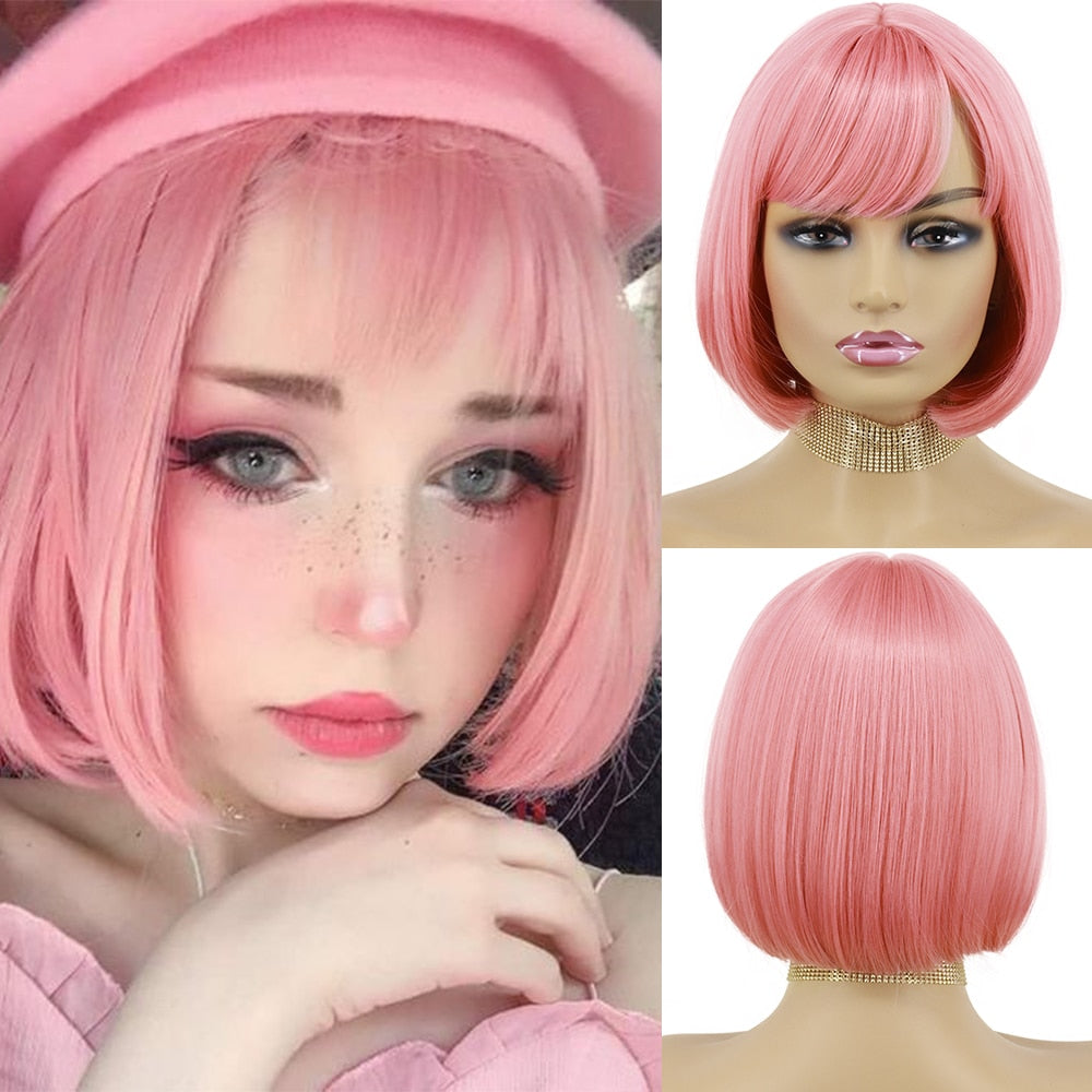 Synthetic Wigs Short Bob With Bangs For Women Ombre Black Red Blonde Pink Lolita Cosplay Party Natural Hair Roll inward