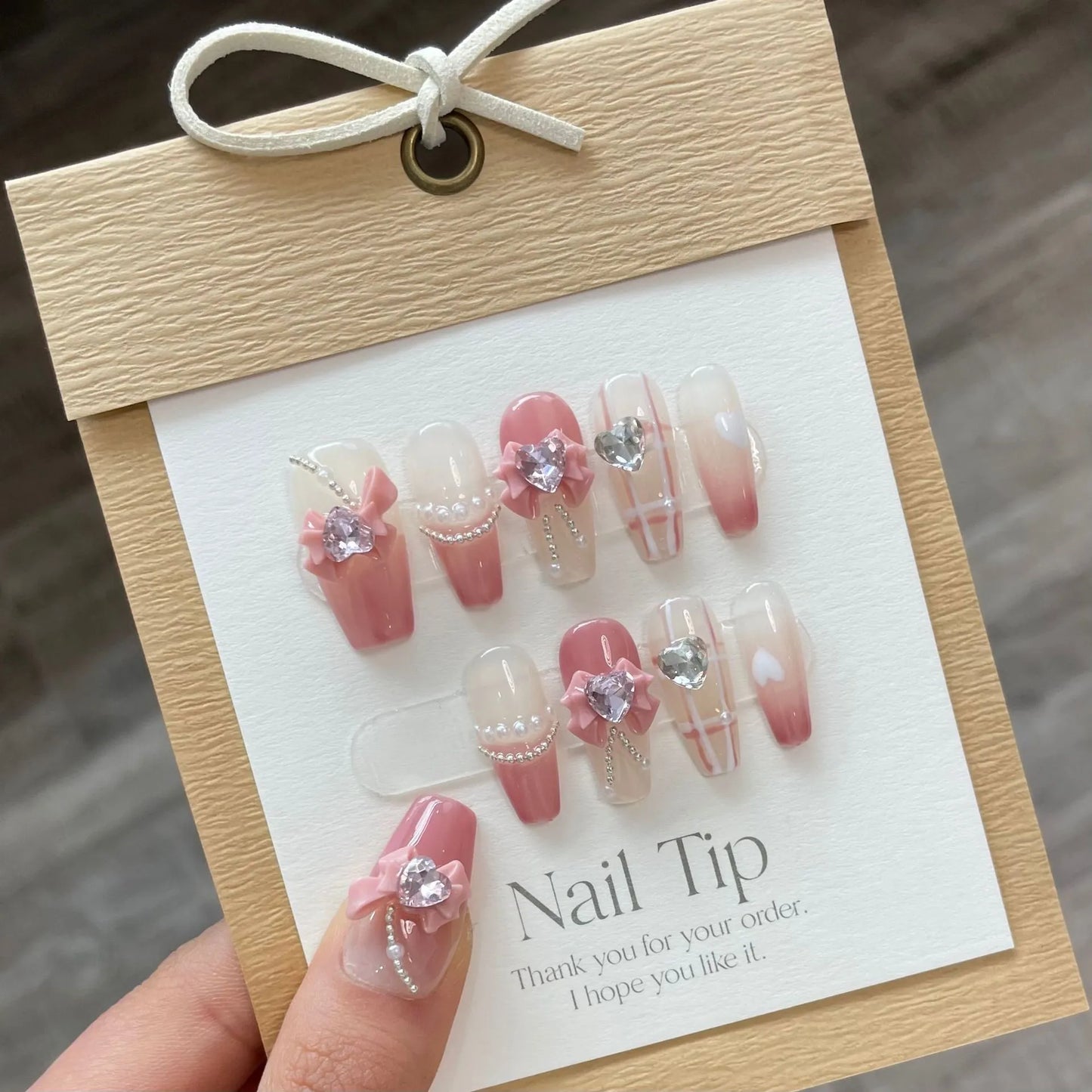 10Pcs Pink French Y2k Nail Tips Long Ballet Handmade Fake Nail Wearable False Nails with Rhinestone Press on Nails Manicure