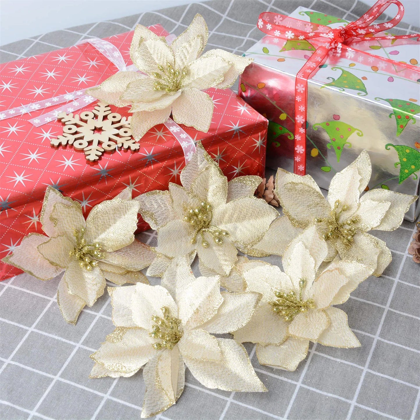 24Pcs Glitter Artificial Christmas Flowers Wedding Christmas Tree Wreaths Ornament Indoor Christmas Decorations Home