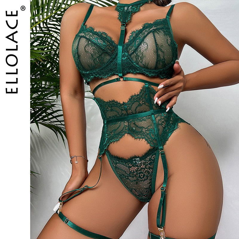 Underwear Sexy Lingerie 3-Pieces Transparent Bra Lace Suit Sexy Garter Belt With Stockings Woman Erotic Intimate