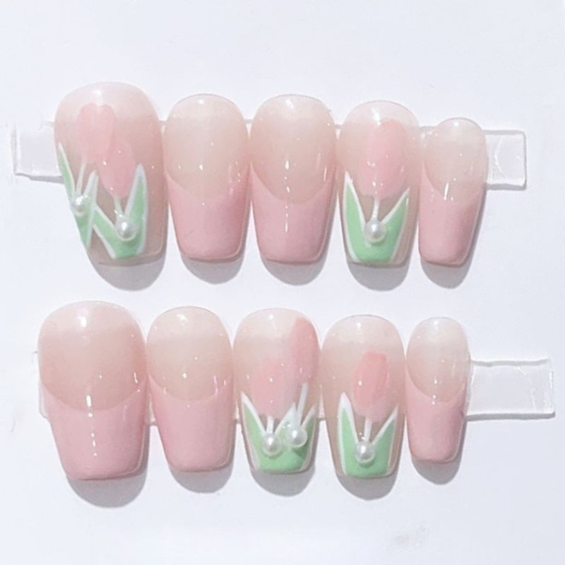 Green Cat's Eye Tulip Wearable Nail Pieces Light Therapy Handmade False Nails Wearing Finished Nails Artistic Patch Decoration