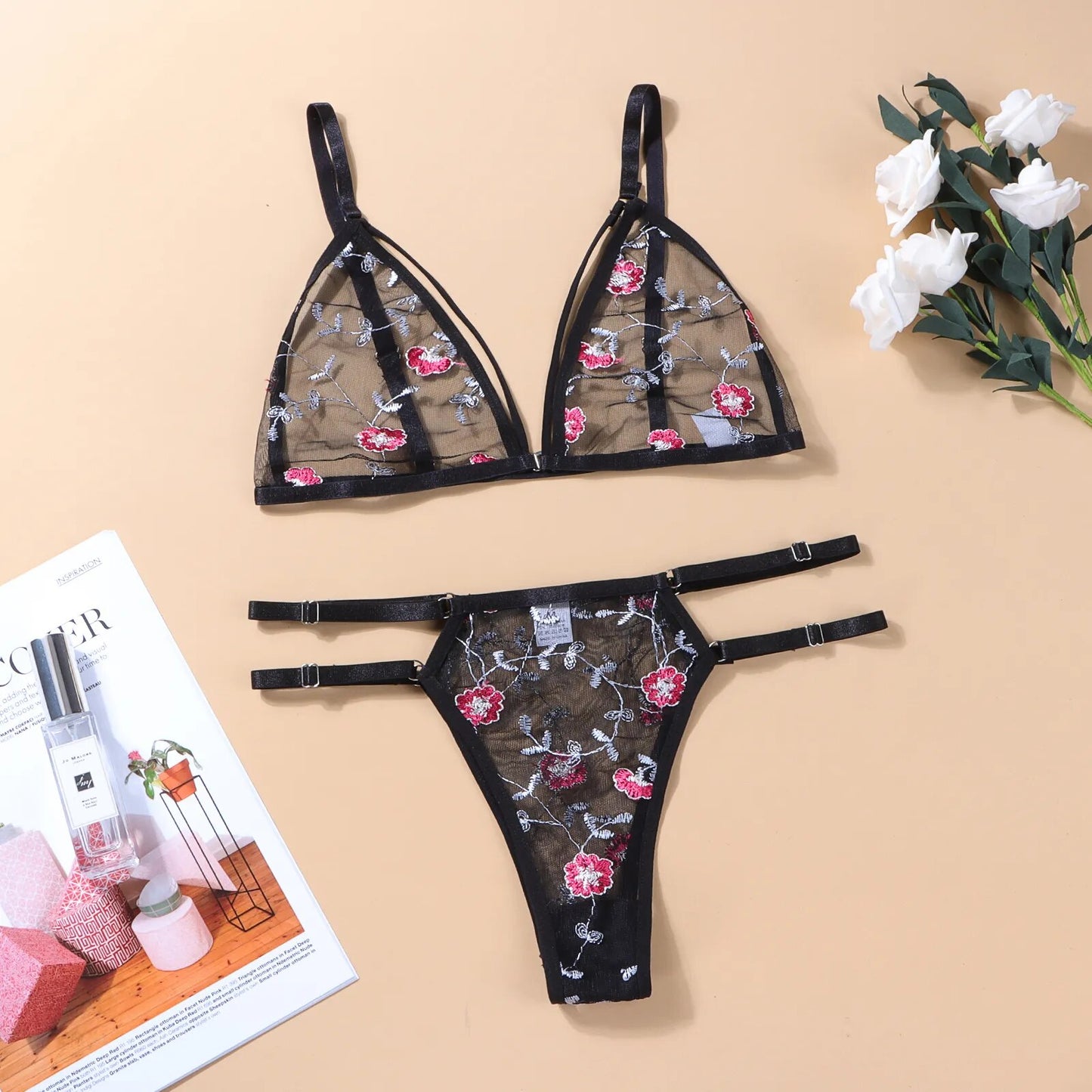 Sexy Lingerie Set for Woman Embroidered Bikini Panties Sensual Lace Breathable Bras Erotic Perspective Bandage Exotic Underwear