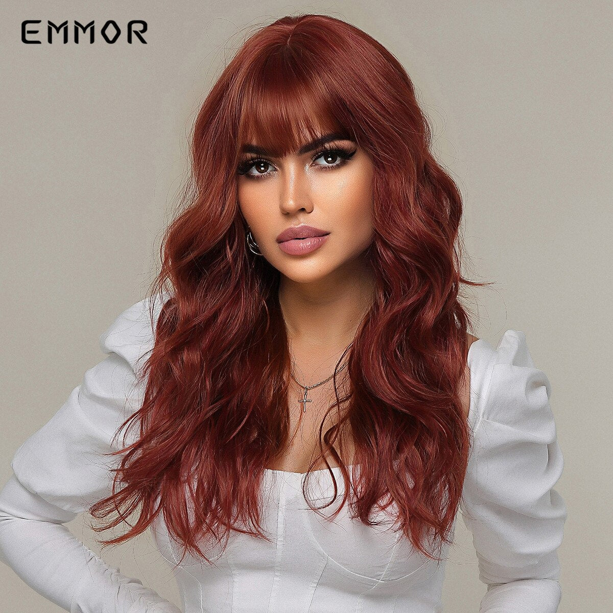 Synthetic Middle Dark Red with Bangs for Women Natural Long Water Wavy Cosplay Hairstyle Heat Resistant Fiber Hair Wigs