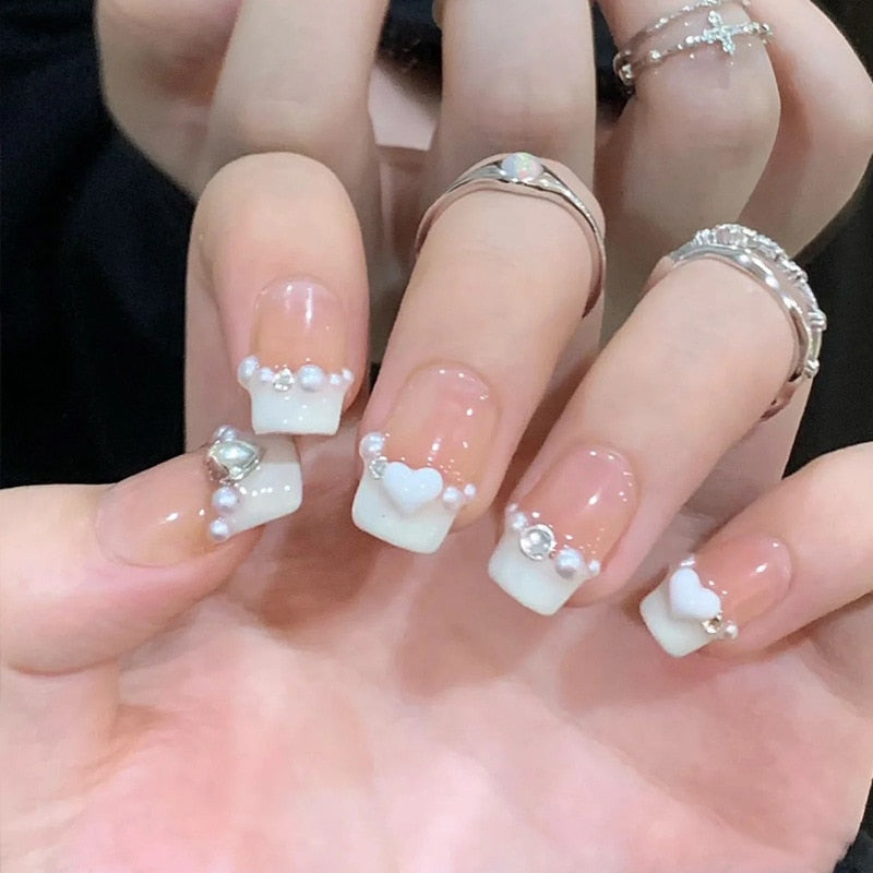 24pcs Wearable artificial nails burst broken drill glitter powder press on nails short french rhinestones fake nails with glue