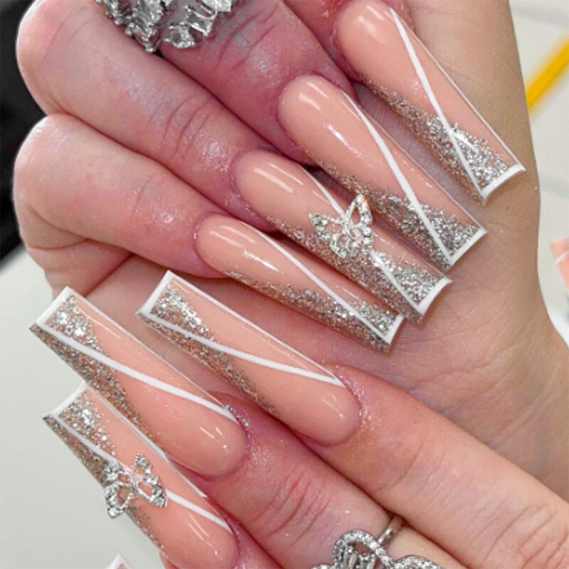 24pcs detachable Extra Long Square head French artificial nails with Diamond acrylic press on nails coffin fake nails with glue